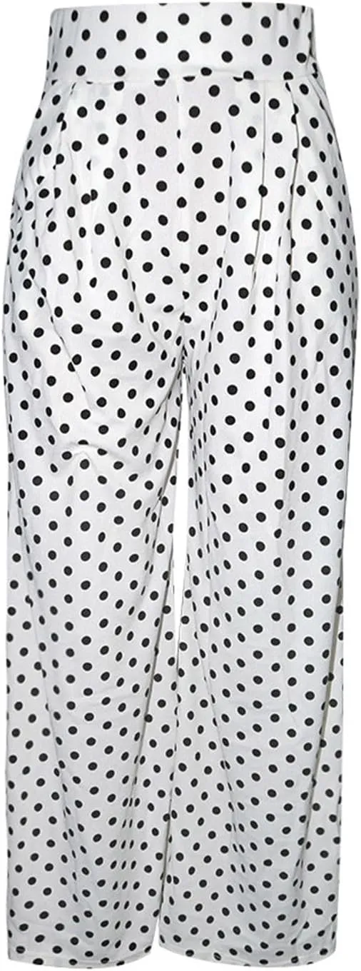 Women Polka Dots Oversized Straight Leg Baggy Pants Stretch High Waist Summer Fashion Casual Trousers with Pockets