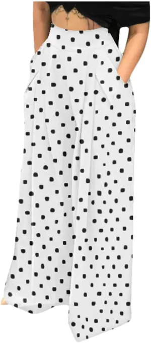 Women Polka Dots Oversized Straight Leg Baggy Pants Stretch High Waist Summer Fashion Casual Trousers with Pockets