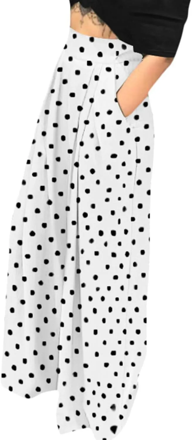 Women Polka Dots Oversized Straight Leg Baggy Pants Stretch High Waist Summer Fashion Casual Trousers with Pockets