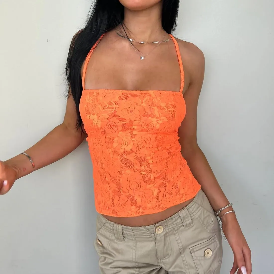 Women Sexy Lace Tank Top Halter Tie Back Camisole Sleeveless Crop Shirts Going Out Summer Streetwear