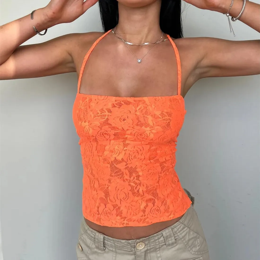 Women Sexy Lace Tank Top Halter Tie Back Camisole Sleeveless Crop Shirts Going Out Summer Streetwear