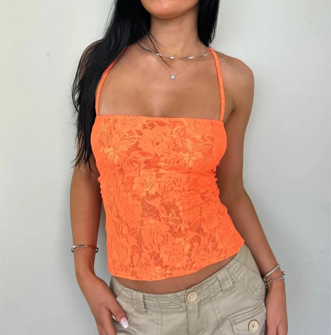 Women Sexy Lace Tank Top Halter Tie Back Camisole Sleeveless Crop Shirts Going Out Summer Streetwear