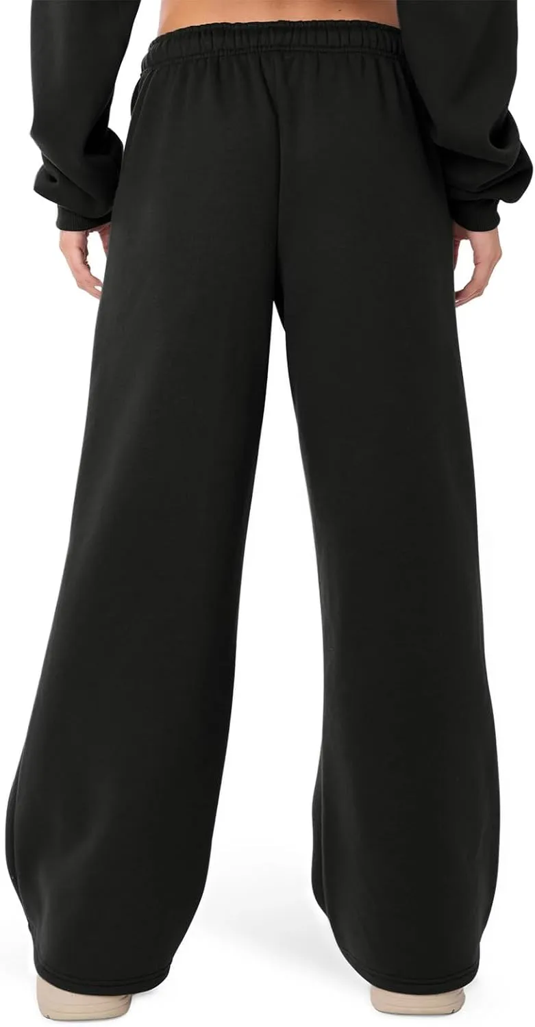 Women Straight Wide Leg Sweatpants Casual Baggy Lined Pants Drawstring High Waist Cargo Jogger Trousers