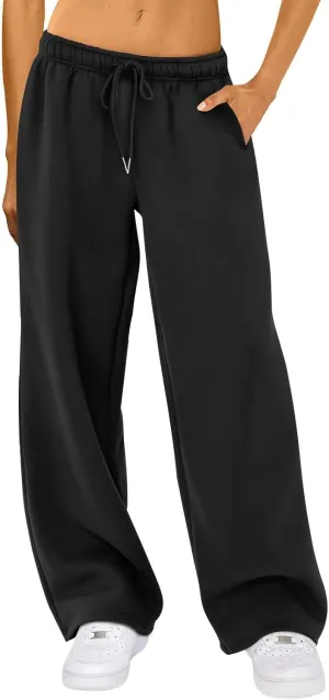 Women Straight Wide Leg Sweatpants Casual Baggy Lined Pants Drawstring High Waist Cargo Jogger Trousers