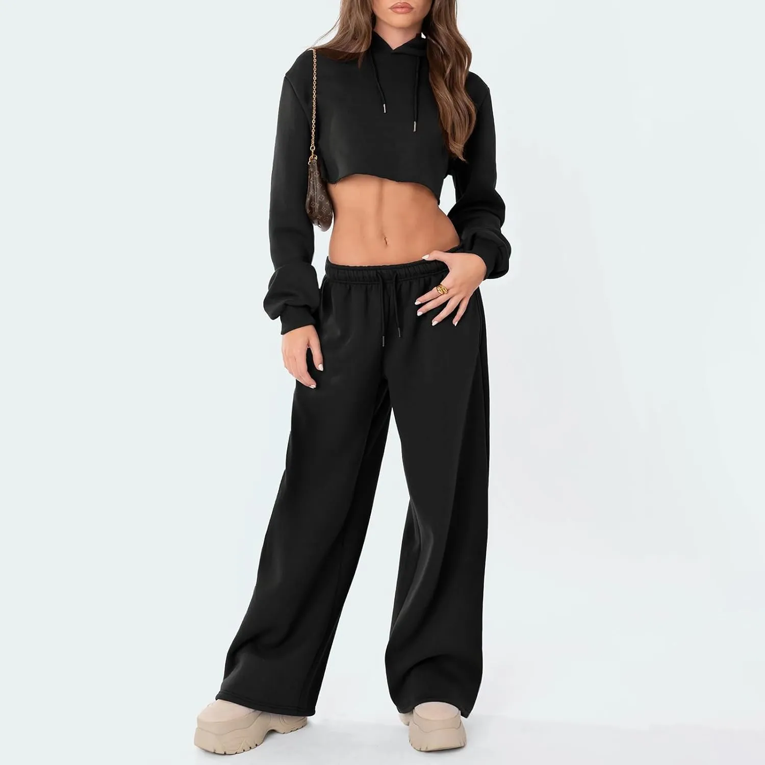 Women Straight Wide Leg Sweatpants Casual Baggy Lined Pants Drawstring High Waist Cargo Jogger Trousers