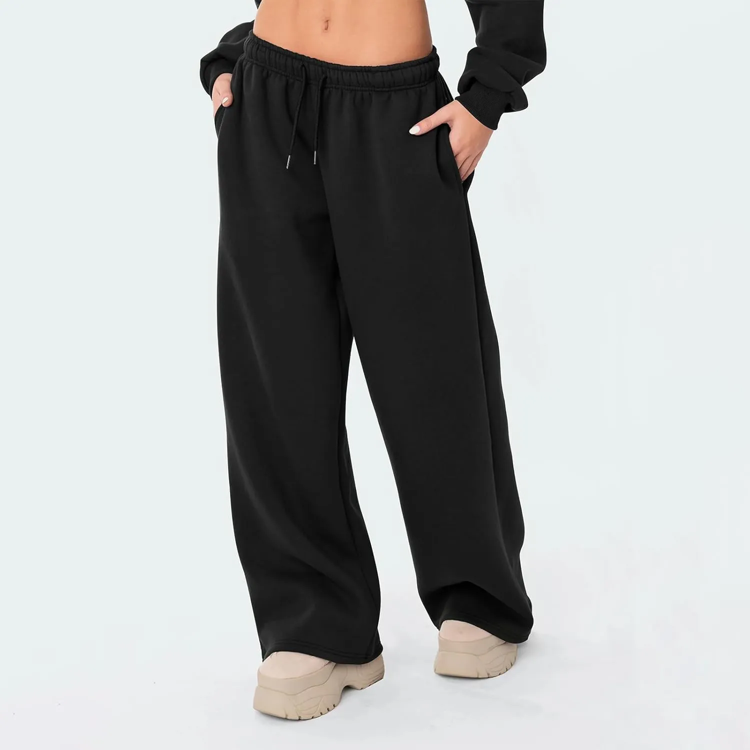 Women Straight Wide Leg Sweatpants Casual Baggy Lined Pants Drawstring High Waist Cargo Jogger Trousers