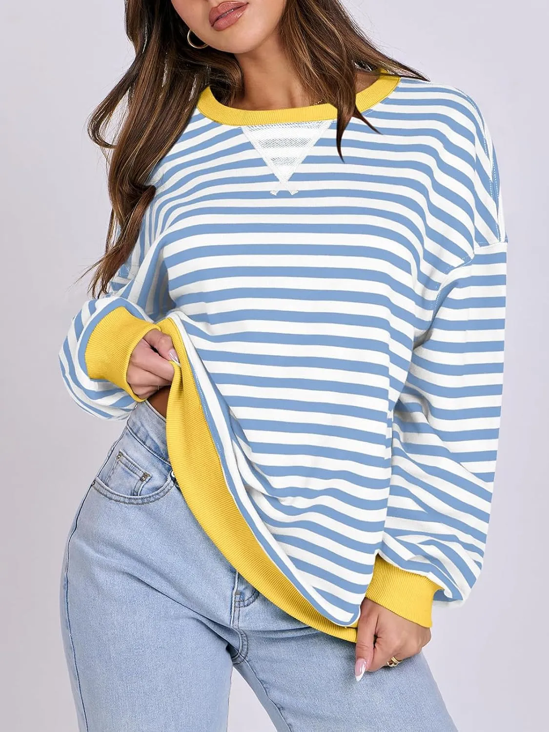 Women Striped Oversized Sweatshirt Long Sleeve Crewneck Hoodies Shirts 2024 Fall Pullover Top Trendy Preppy Clothes