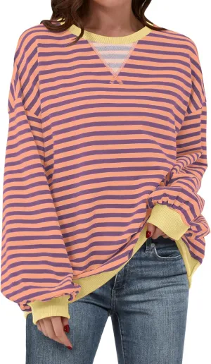 Women Striped Oversized Sweatshirt Long Sleeve Crewneck Hoodies Shirts 2024 Fall Pullover Top Trendy Preppy Clothes