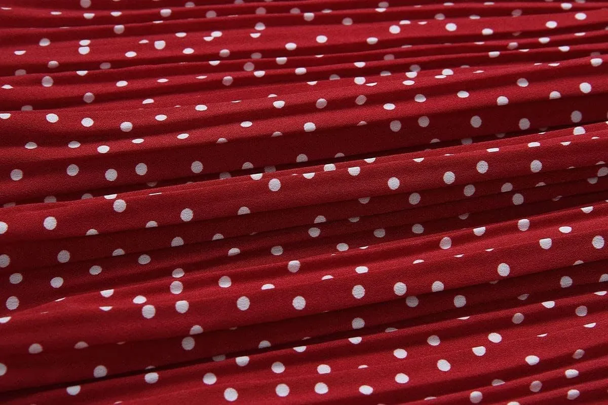 Women Trendy High Waist Ruffle Polka Dot Midi Swing Skirts Knee Length Boho Pleated Skirt with Pockets