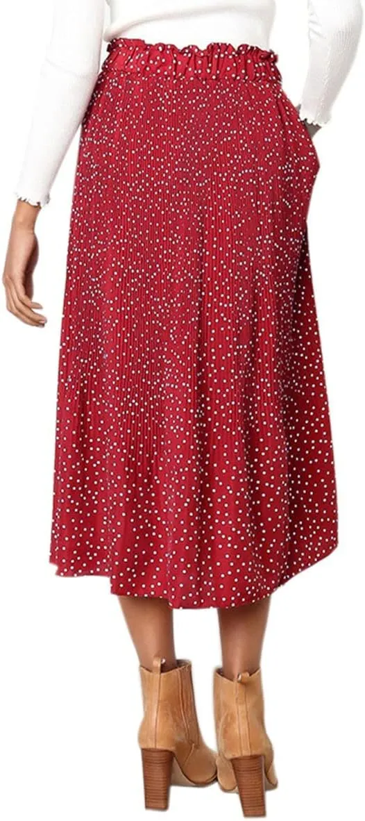Women Trendy High Waist Ruffle Polka Dot Midi Swing Skirts Knee Length Boho Pleated Skirt with Pockets