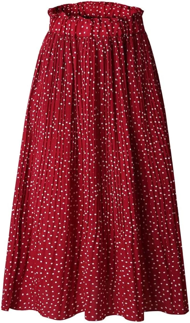 Women Trendy High Waist Ruffle Polka Dot Midi Swing Skirts Knee Length Boho Pleated Skirt with Pockets