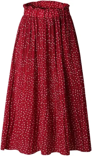 Women Trendy High Waist Ruffle Polka Dot Midi Swing Skirts Knee Length Boho Pleated Skirt with Pockets