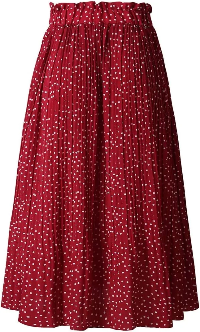 Women Trendy High Waist Ruffle Polka Dot Midi Swing Skirts Knee Length Boho Pleated Skirt with Pockets