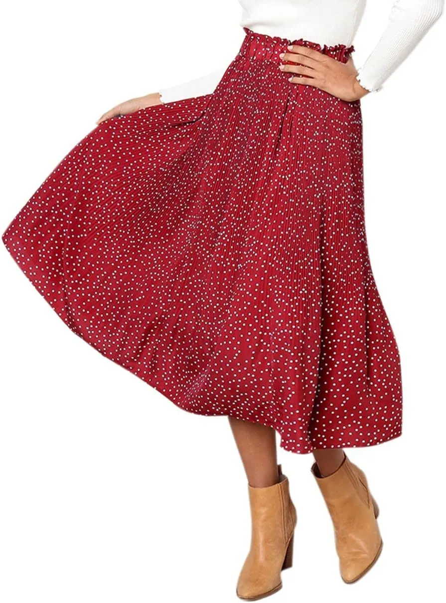Women Trendy High Waist Ruffle Polka Dot Midi Swing Skirts Knee Length Boho Pleated Skirt with Pockets