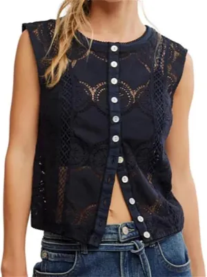 Women Y2k Button Tank Top Cute Floral Lace Hollow Out Sleeveless Going Out Crop Tops Boho Coquette Summer Streetwear