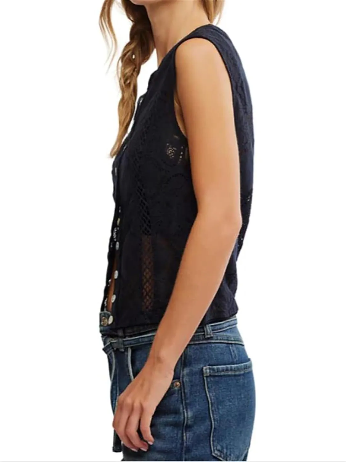Women Y2k Button Tank Top Cute Floral Lace Hollow Out Sleeveless Going Out Crop Tops Boho Coquette Summer Streetwear