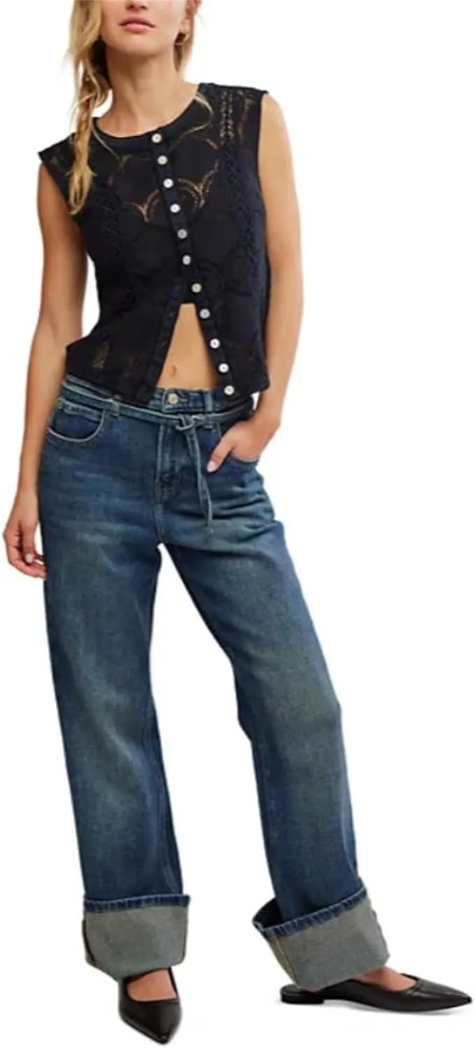 Women Y2k Button Tank Top Cute Floral Lace Hollow Out Sleeveless Going Out Crop Tops Boho Coquette Summer Streetwear