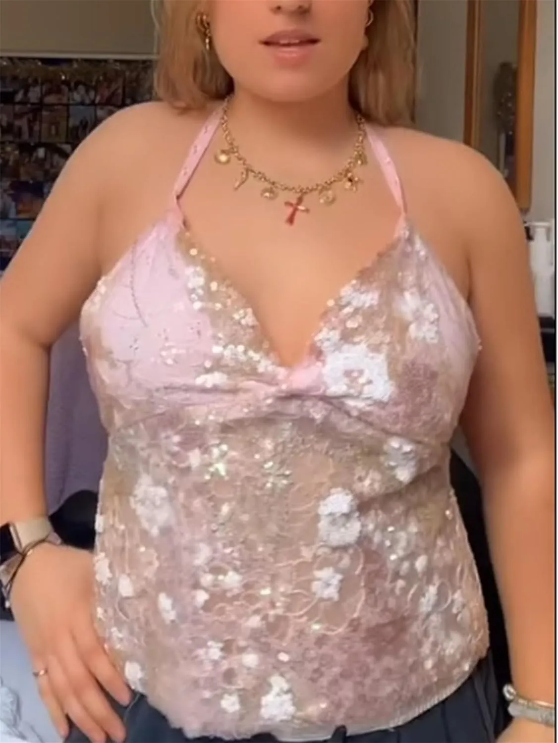 Women Y2k Sequin Cami Top Sexy V Neck Spaghetti Strap Sparkle Backless Bead Crop Tops Summer Coquette Party Clubwear