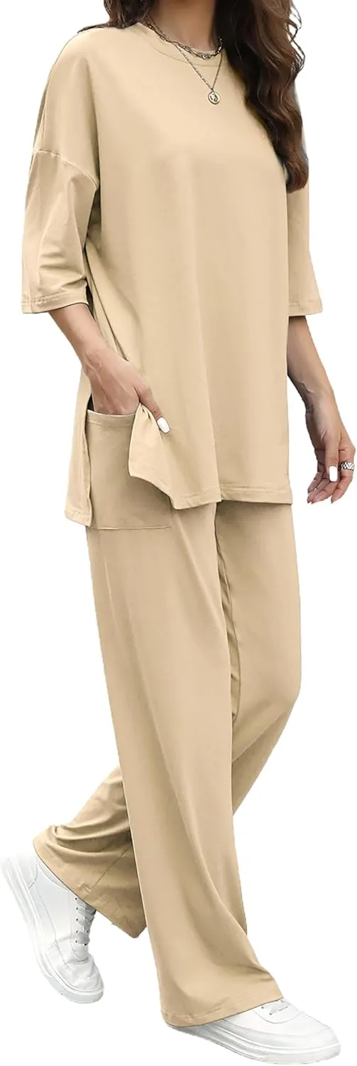 Womens 2 Piece Outfits Short Sleeve Set Wide Leg Pants Casual Trendy Pullover Lounge Set