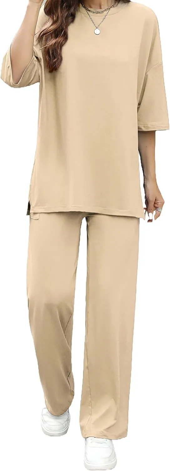 Womens 2 Piece Outfits Short Sleeve Set Wide Leg Pants Casual Trendy Pullover Lounge Set