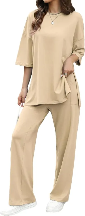 Womens 2 Piece Outfits Short Sleeve Set Wide Leg Pants Casual Trendy Pullover Lounge Set