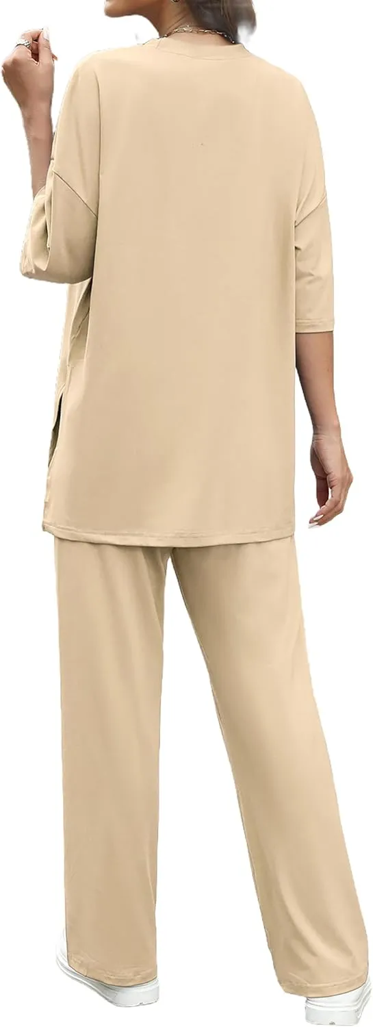 Womens 2 Piece Outfits Short Sleeve Set Wide Leg Pants Casual Trendy Pullover Lounge Set