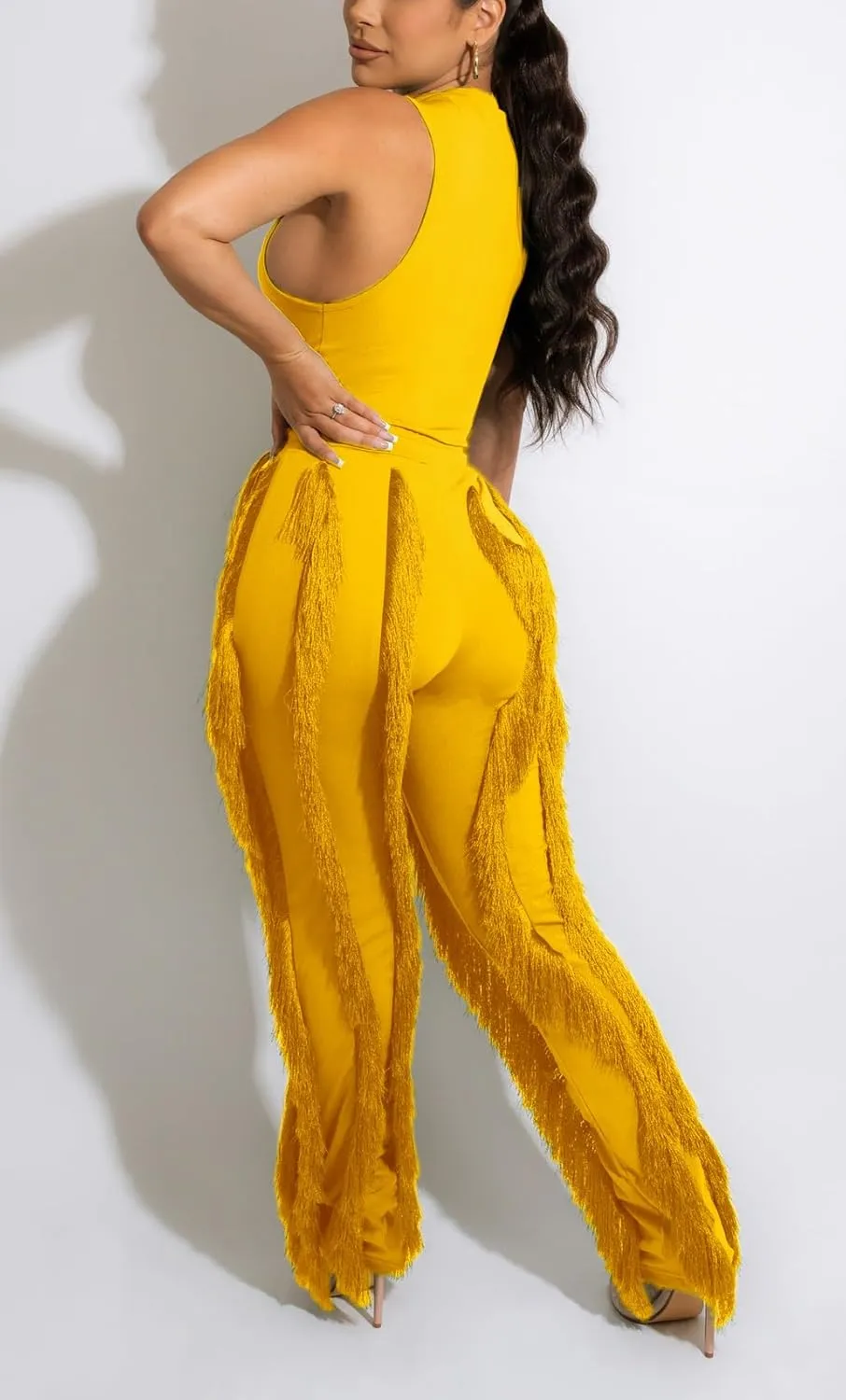 Womens 2 Piece Outfits Sleeveless Tank Top Long Fringe Tassel Pants Jumpsuit Set Sweatsuit Clubwear