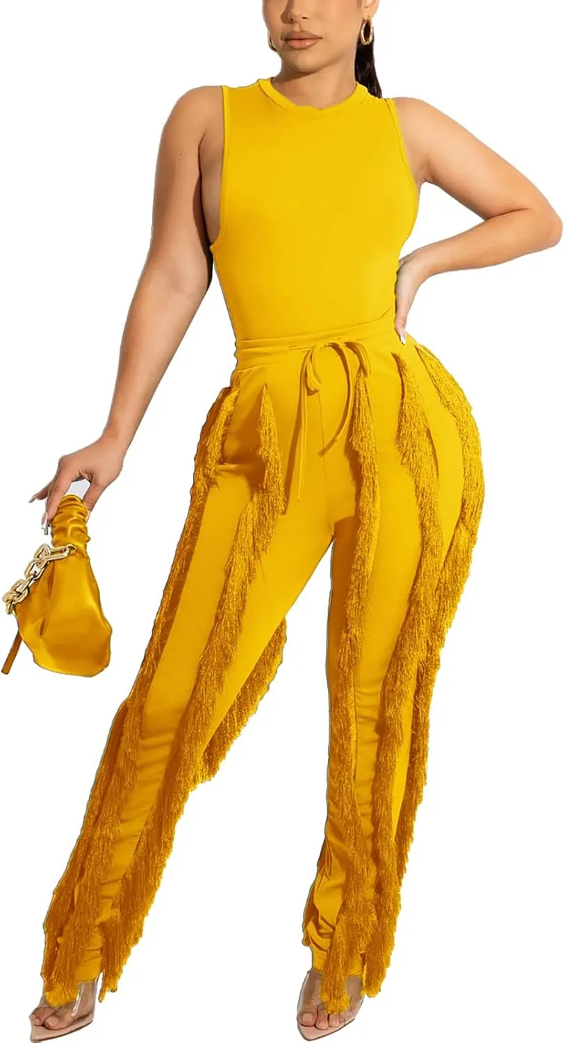 Womens 2 Piece Outfits Sleeveless Tank Top Long Fringe Tassel Pants Jumpsuit Set Sweatsuit Clubwear