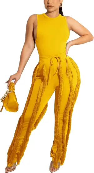 Womens 2 Piece Outfits Sleeveless Tank Top Long Fringe Tassel Pants Jumpsuit Set Sweatsuit Clubwear
