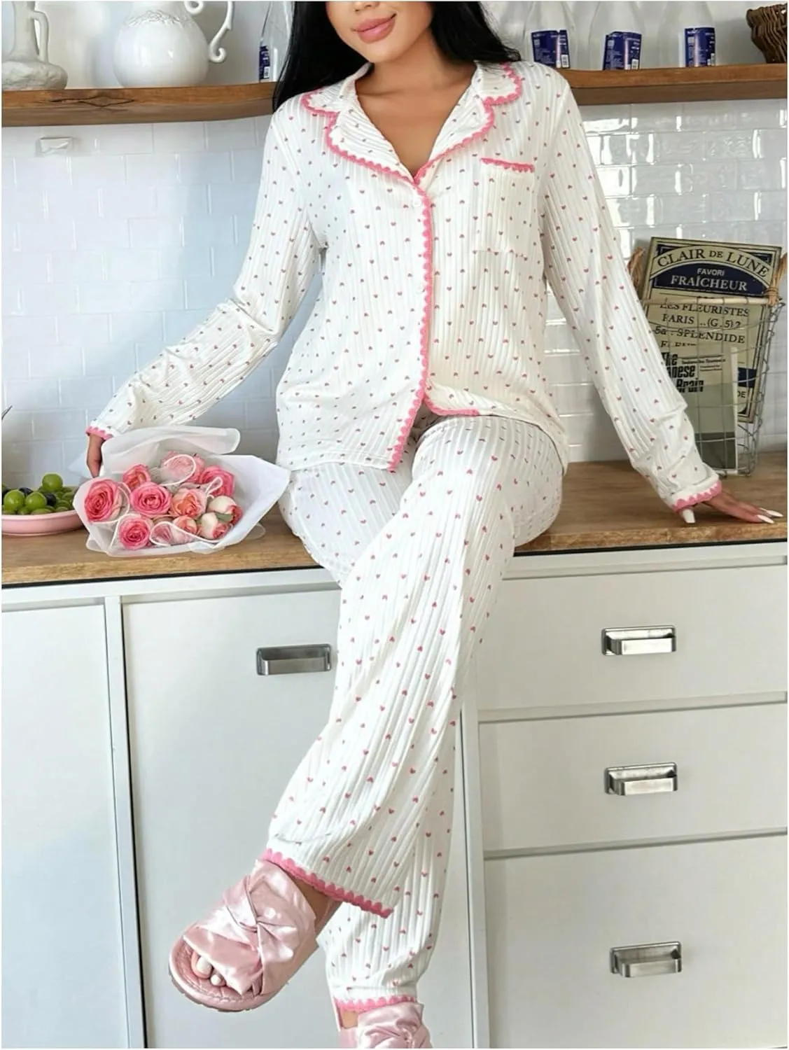 Women's 2 Piece Pajamas Set Heart Print Button Down Long Sleeve Shirts and Long Pants Set