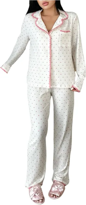 Women's 2 Piece Pajamas Set Heart Print Button Down Long Sleeve Shirts and Long Pants Set