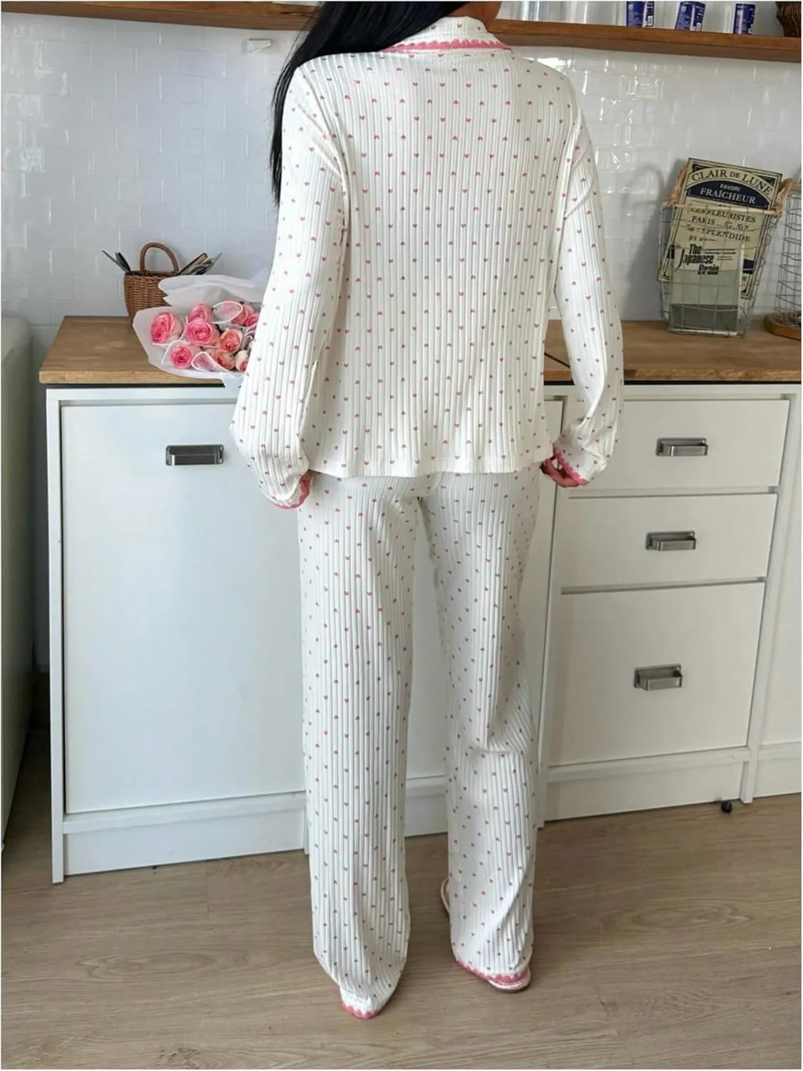 Women's 2 Piece Pajamas Set Heart Print Button Down Long Sleeve Shirts and Long Pants Set