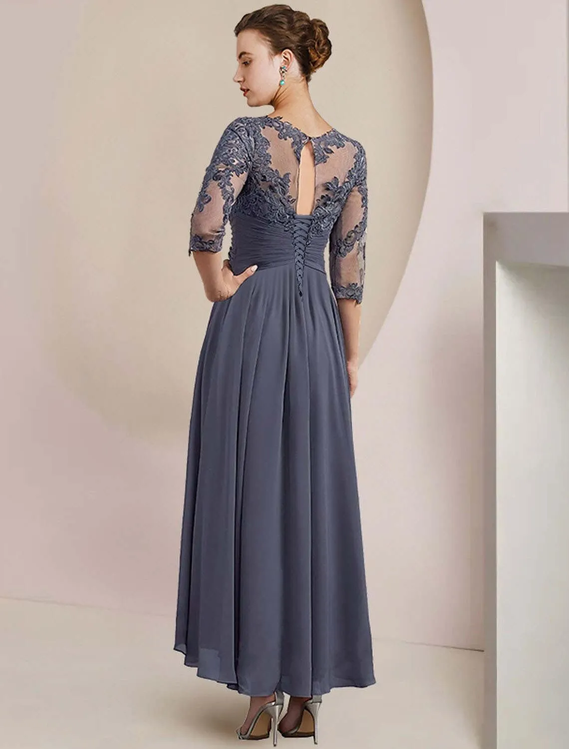 Women's 2 Pieces Mother of The Bride Dresses with Jackets Tea Length Lace Ruffle Chiffon Formal Wedding Guest Dress
