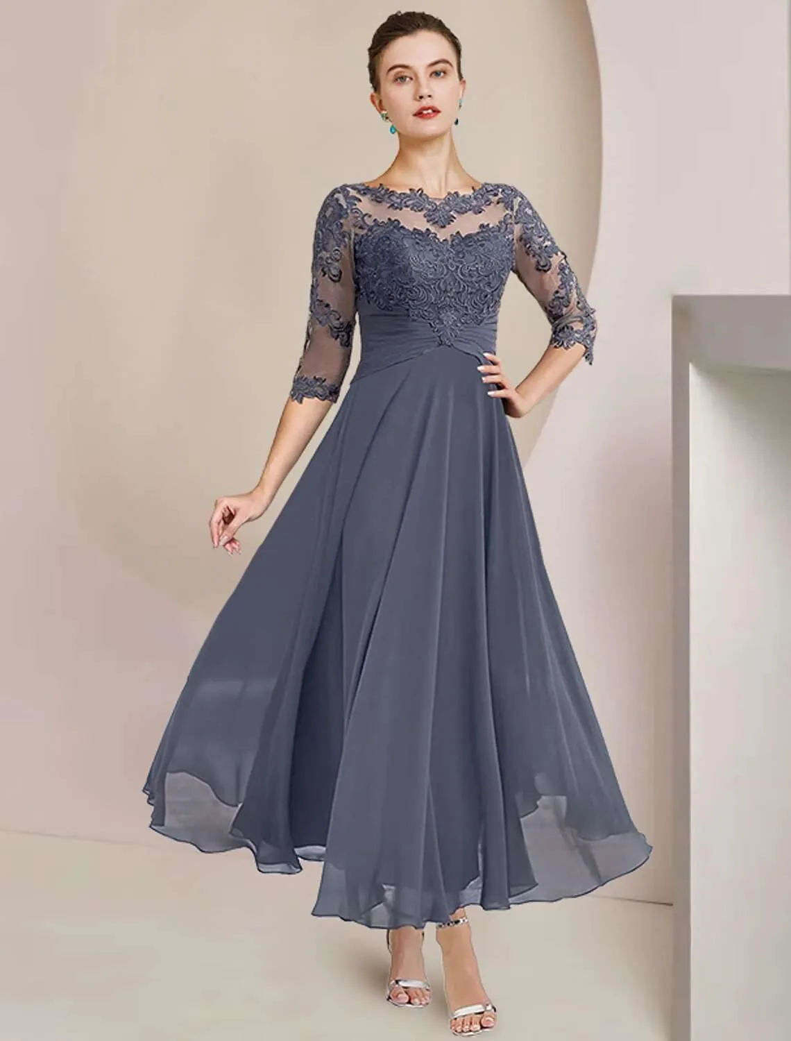 Women's 2 Pieces Mother of The Bride Dresses with Jackets Tea Length Lace Ruffle Chiffon Formal Wedding Guest Dress