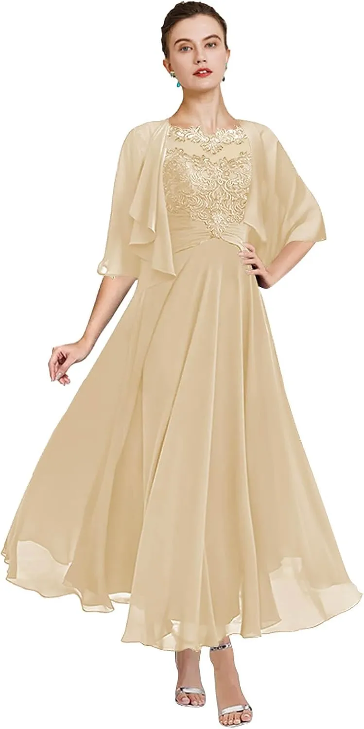 Women's 2 Pieces Mother of The Bride Dresses with Jackets Tea Length Lace Ruffle Chiffon Formal Wedding Guest Dress