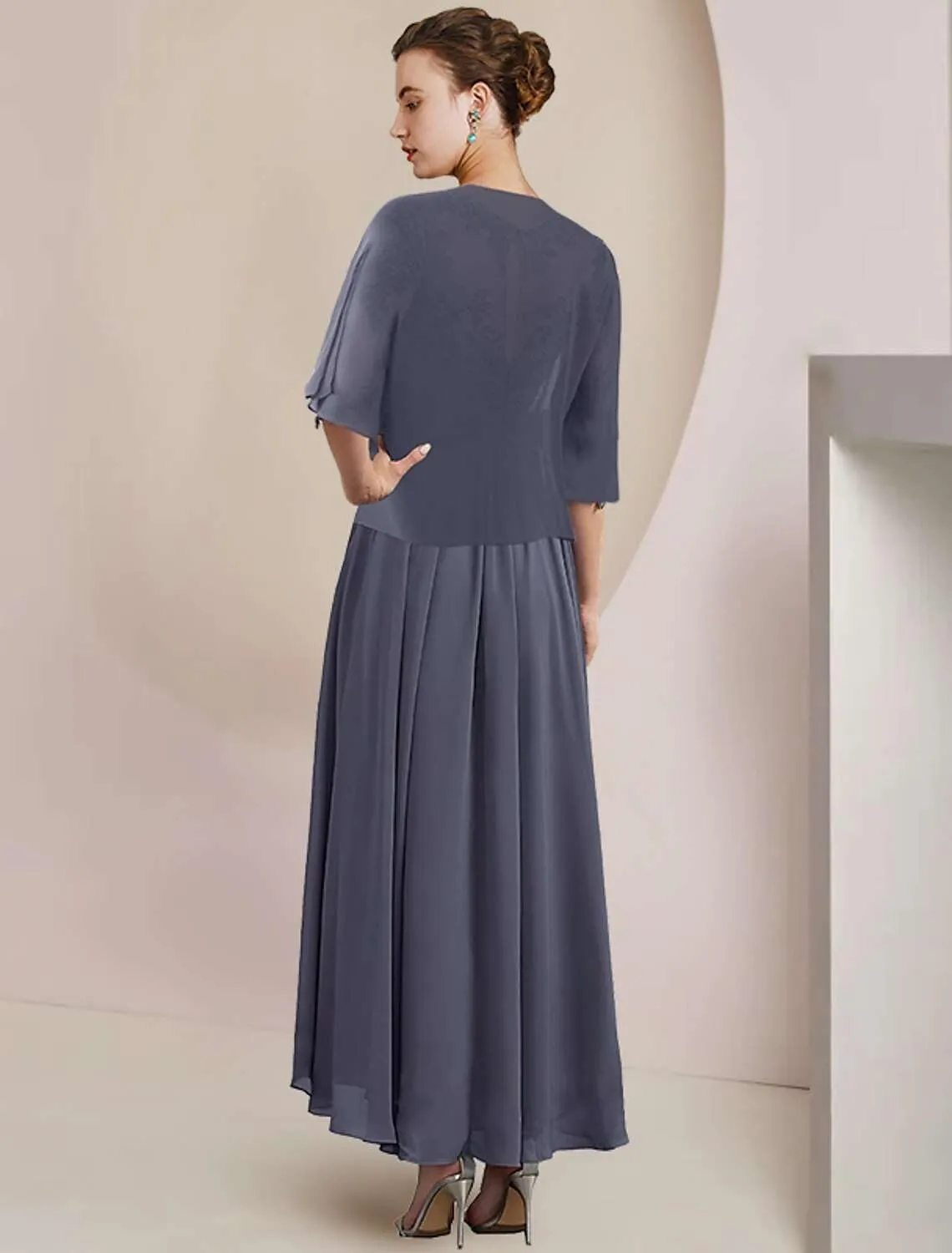 Women's 2 Pieces Mother of The Bride Dresses with Jackets Tea Length Lace Ruffle Chiffon Formal Wedding Guest Dress