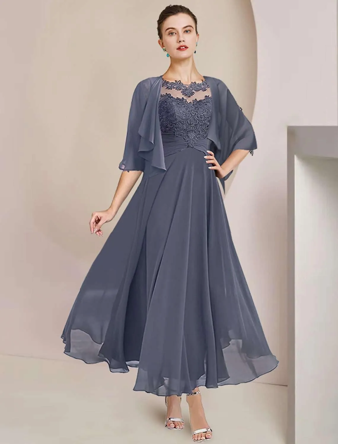 Women's 2 Pieces Mother of The Bride Dresses with Jackets Tea Length Lace Ruffle Chiffon Formal Wedding Guest Dress