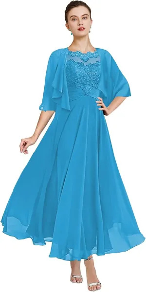 Women's 2 Pieces Mother of The Bride Dresses with Jackets Tea Length Lace Ruffle Chiffon Formal Wedding Guest Dress