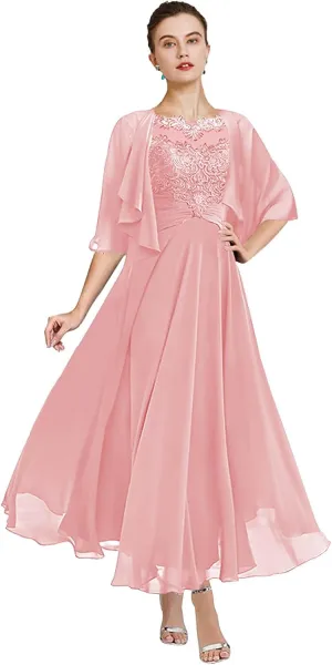 Women's 2 Pieces Mother of The Bride Dresses with Jackets Tea Length Lace Ruffle Chiffon Formal Wedding Guest Dress
