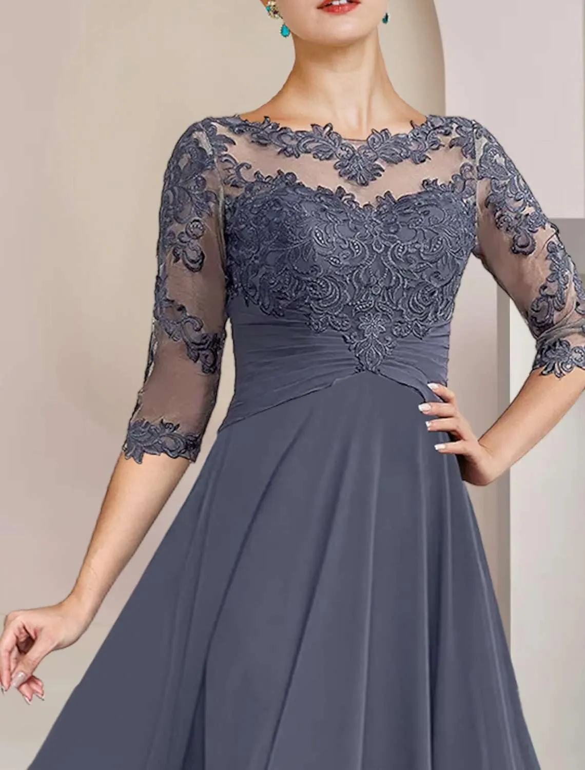 Women's 2 Pieces Mother of The Bride Dresses with Jackets Tea Length Lace Ruffle Chiffon Formal Wedding Guest Dress