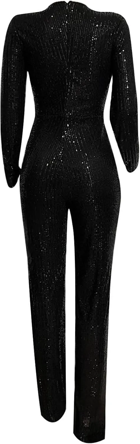 Womens 2024 Summer Sexy Deep V Neck Jumpsuits Long Sleeve One Piece Sequins Overalls Dressy Wide Leg Rompers