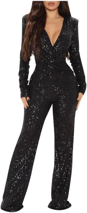 Womens 2024 Summer Sexy Deep V Neck Jumpsuits Long Sleeve One Piece Sequins Overalls Dressy Wide Leg Rompers