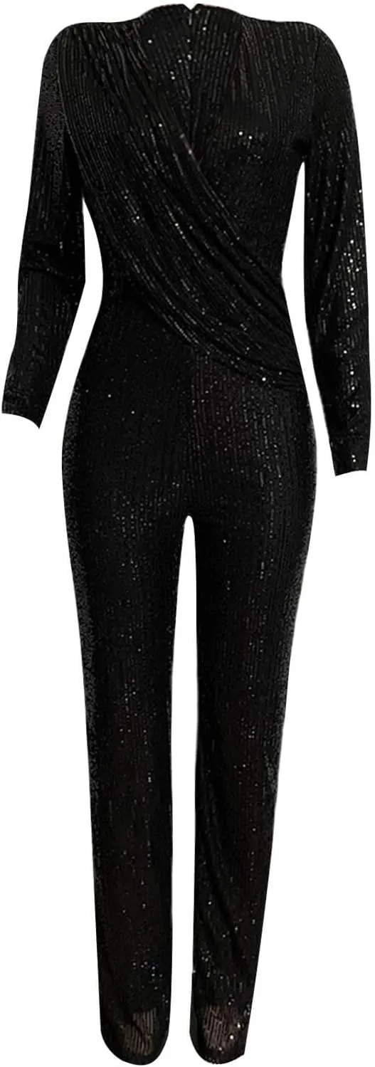 Womens 2024 Summer Sexy Deep V Neck Jumpsuits Long Sleeve One Piece Sequins Overalls Dressy Wide Leg Rompers