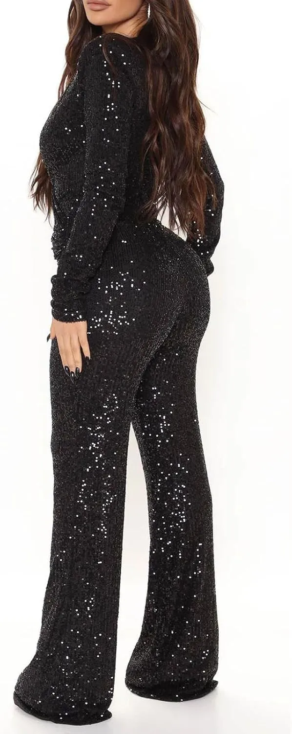 Womens 2024 Summer Sexy Deep V Neck Jumpsuits Long Sleeve One Piece Sequins Overalls Dressy Wide Leg Rompers