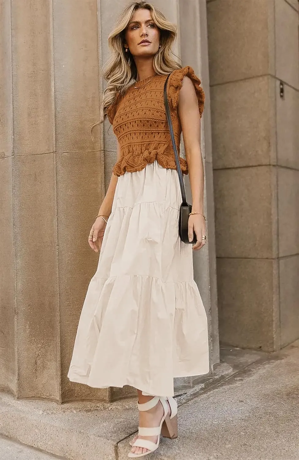 Womens 2025 Summer Causal Ruffle Sleeve Crochet Knit Tops Long Dress for Ladies Fall Trendy Tiered Dress