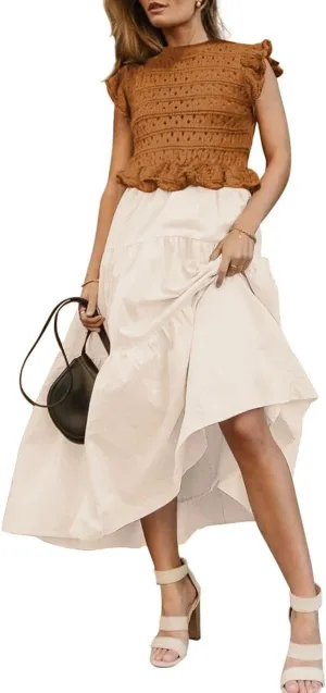 Womens 2025 Summer Causal Ruffle Sleeve Crochet Knit Tops Long Dress for Ladies Fall Trendy Tiered Dress