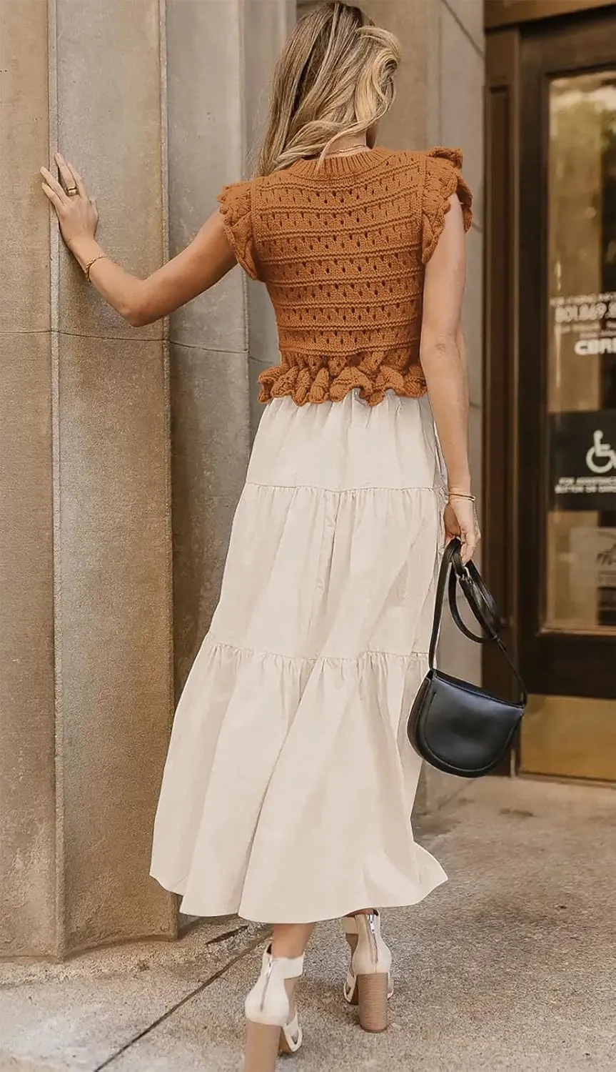 Womens 2025 Summer Causal Ruffle Sleeve Crochet Knit Tops Long Dress for Ladies Fall Trendy Tiered Dress