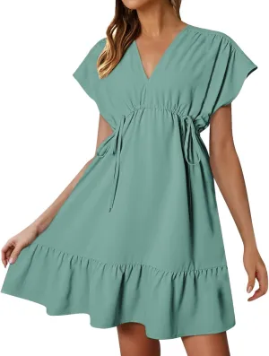 Womens 2025 Summer Short Sleeve V Neck Empire Waist Casual Ruffle A-Line Swing Mini Babydoll Dresses