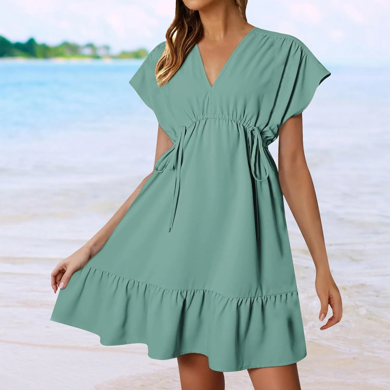 Womens 2025 Summer Short Sleeve V Neck Empire Waist Casual Ruffle A-Line Swing Mini Babydoll Dresses