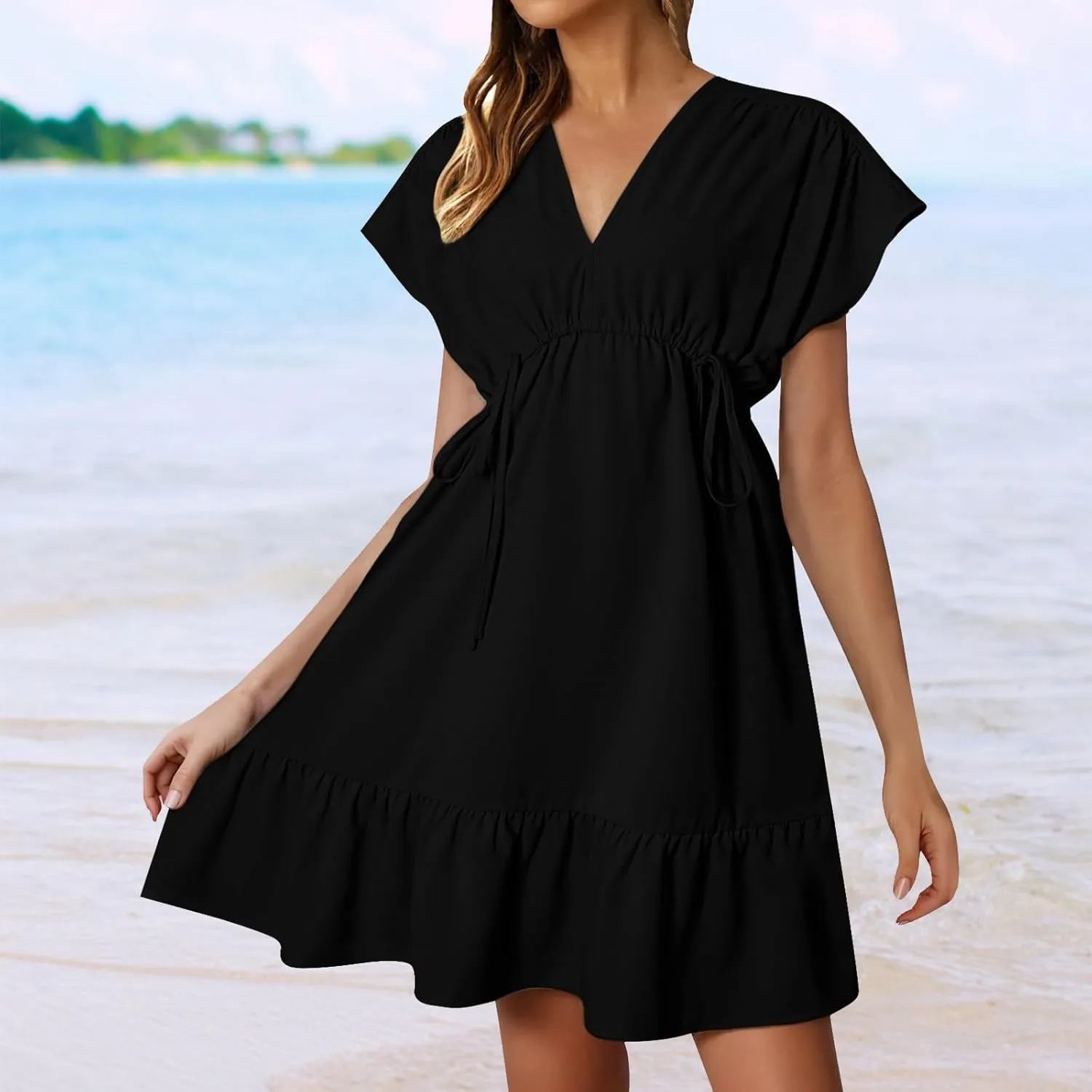 Womens 2025 Summer Short Sleeve V Neck Empire Waist Casual Ruffle A-Line Swing Mini Babydoll Dresses